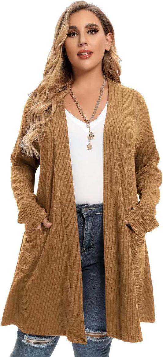 Open Front Knit Cardigan Sweaters for Women plus Size Long Sleeve Tops with Pockets Lightweight for Winter